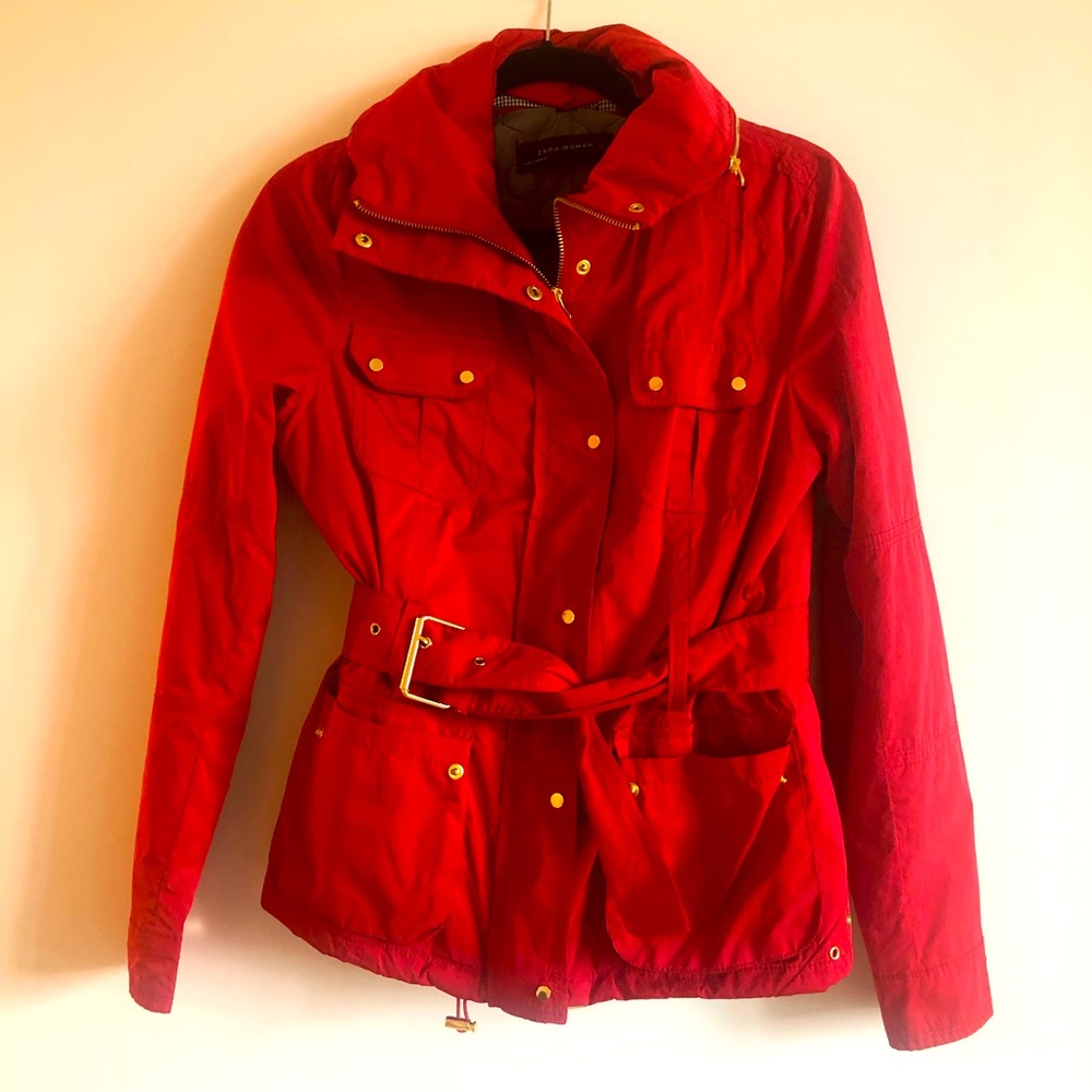 VINTAGE RED MATTE ZARA SHORT BELTED TRENCH WITH DETACHABLE VEST